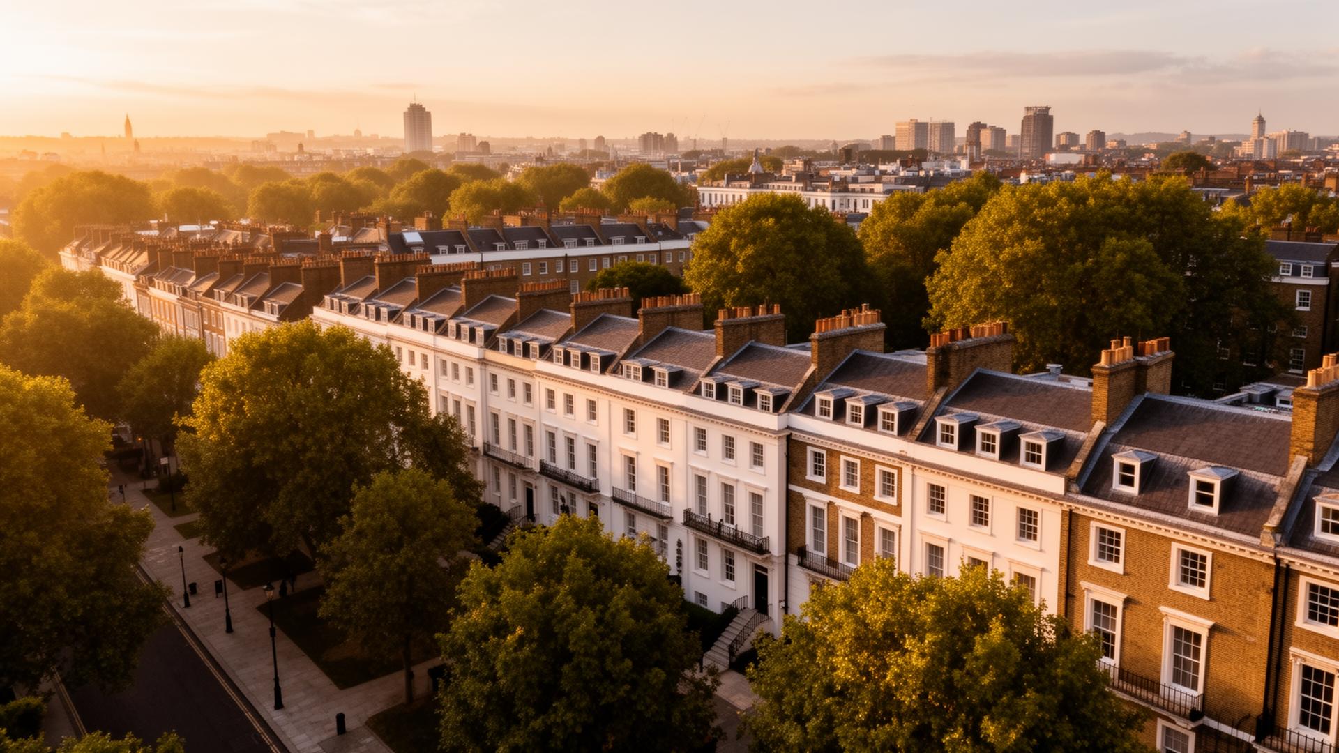 Aerial view of a Liverpool residential street at golden hour